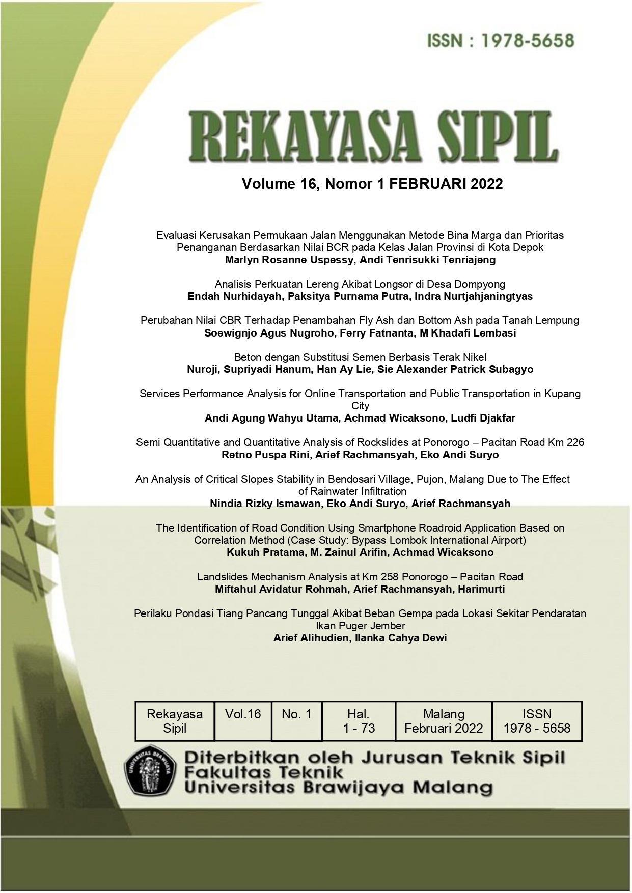 					View Vol. 16 No. 1 (2022): Rekayasa Sipil Vol.16. No.1
				